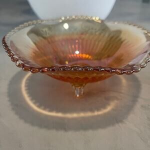 Three-Footed Iridescent Marigold Rippled Vintage Bowl